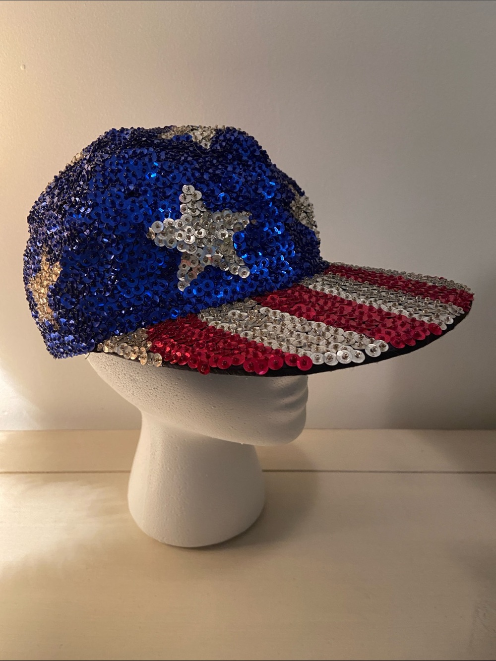 Sequin USA American Flag Baseball Hat Red Silver Blue One Size Fits Most Festive
